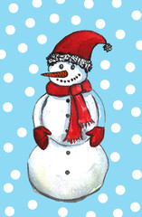 Watercolor hand drawn cute illustration of snowman. Perfect for Christmas new year greeting card