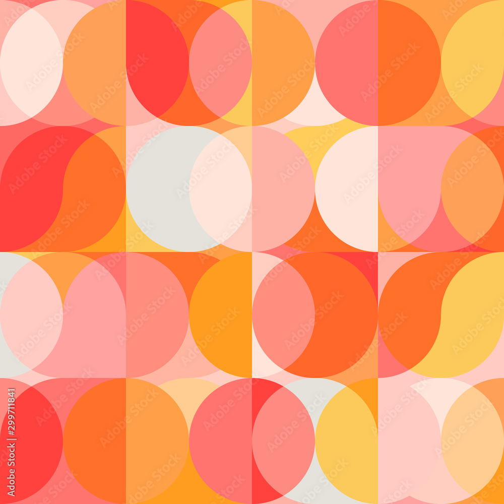 Poster Geometric vector seamless pattern with circle shapes in pastel colors. Modern mosaic background in retro style.