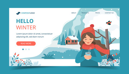 Cute girl in winter holding a cup, winter landscape and snow. Landing page template. Vector illustration in flat style