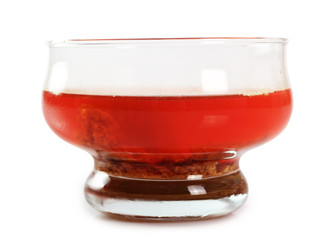 Gelatin dessert with chocolate cookies in bowl. Isolated with clipping path.