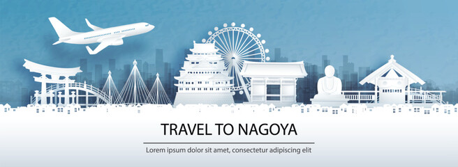 Travel advertising with travel to Nagoya concept with panorama view city skyline and world famous landmarks of Japan in paper cut style vector illustration.