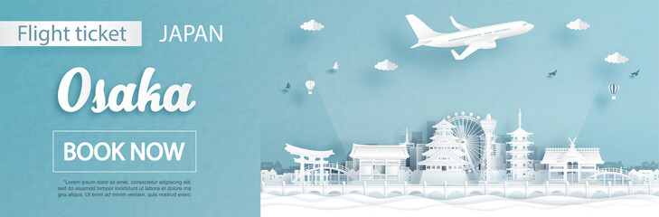 Fototapeta premium Szablon reklamy lotu i biletu z koncepcją podróży do Osaki w Japonii i słynnymi zabytkami w ilustracji wektorowych stylu cięcia papieru