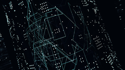 Circuit Board Technology Tree Pattern Concept render Background. Blue and yellow Abstract Scifi PCB Trace Data