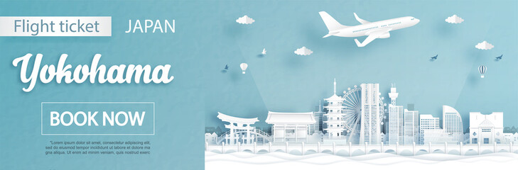Obraz premium Flight and ticket advertising template with travel to Yokohama, Japan concept and famous landmarks in paper cut style vector illustration