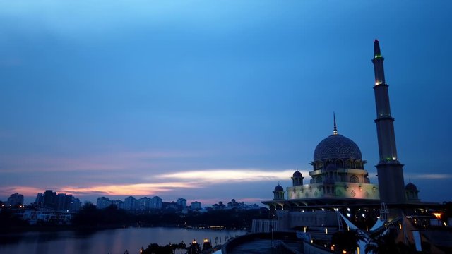 Putrajaya, Malaysia - October 30, 2019: Clips video of sunrise, scattered clouds at Putra Mosque (Masjid Putra) at Putrajaya, Malaysia. 25 frame rate per seconds