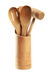 Bamboo Kitchen Utensil Set with Holder. Isolated with clipping path.
