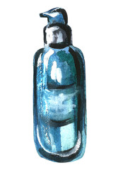 Watercolor set of fashion cosmetics. Hand drawn elements on the white background. Lotion, tonic, creme, lipstick