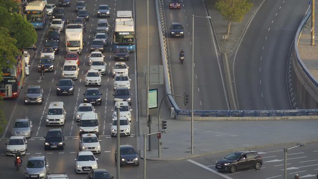 Morning traffic jam during rush hour near Atocha railway station. Atocha station is the largest railway station in Madrid.