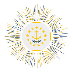 Rhode Island sign. US state flag with colorful rays. Radiant sunburst with Rhode Island flag. Vector illustration.
