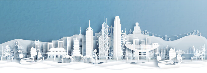 Panorama view of Hong Kong skyline with world famous landmarks of China in paper cut style vector illustration.
