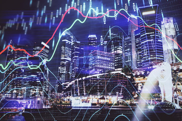 Financial chart on city scape with tall buildings background multi exposure. Analysis concept.