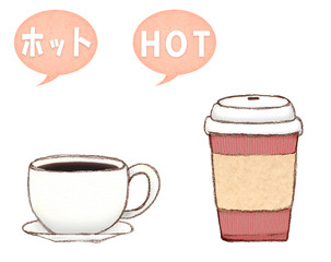 	ホットコーヒー　テイクアウト用カップとイートインのマグカップ