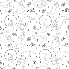 Indian mudras and mystic seamless pattern