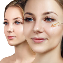 Collage of young woman applying primer oil on face with pipette