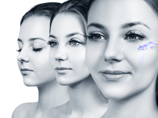 Collage of young woman applying primer oil on face with pipette