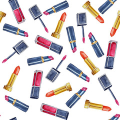 Seamless pattern with watercolor hand drawn lip glosses and lipsticks.