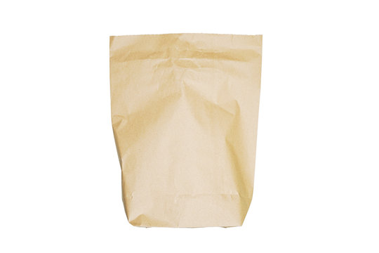 Top view brown paper bag on white background, Mock-up of blank brown paper bag. Flat lay