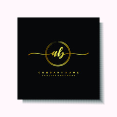 Initial AB Handwriting logo brush circle template is gold color. Handwriting logo minimalist Gold color luxury