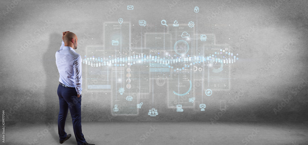 Poster businessman in front of a wall with user interface screens with icon, stats and data 3d rendering