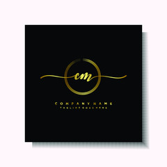 Initial CM Handwriting logo brush circle template is gold color. Handwriting logo minimalist Gold color luxury