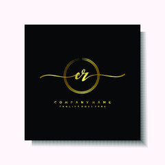 Initial CR Handwriting logo brush circle template is gold color. Handwriting logo minimalist Gold color luxury