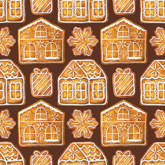 .Seamless watercolor patten with gingerbread cookies. Background with christmas pastries. Ideal for New Year's design.