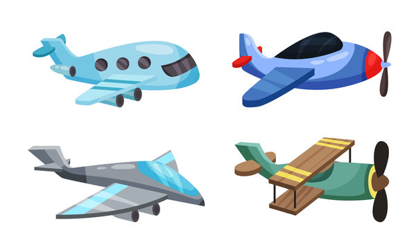 Set of airplanes in cartoon style. Vector illustration on a white background.