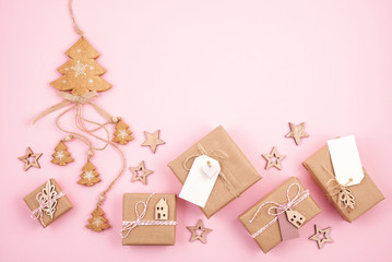 Flat lay of morden minimalist Christmas gifts and decoration in pastel colors