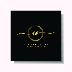Initial EV Handwriting logo brush circle template is gold color. Handwriting logo minimalist Gold color luxury