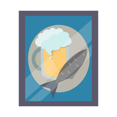 A poster in a frame and glass with a glare for a bar in a flat style. Beer with high froth and whole fish. Vector illustration. Alcohol snack concept