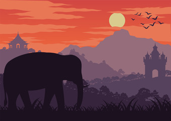 in the morning life, an elephant symbol of Thailand and Laos walk in wood near landmark,silhouette design and vintage color,vector illustration