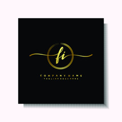 Initial FI Handwriting logo brush circle template is gold color. Handwriting logo minimalist Gold color luxury