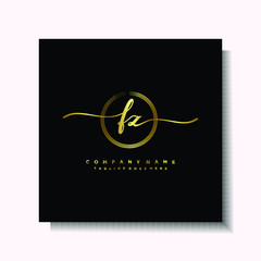 Initial FZ Handwriting logo brush circle template is gold color. Handwriting logo minimalist Gold color luxury