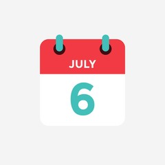 Flat icon calendar 6 of July. Date, day and month. Vector illustration.