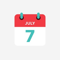 Flat icon calendar 7 of July. Date, day and month. Vector illustration.