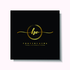 Initial HO Handwriting logo brush circle template is gold color. Handwriting logo minimalist Gold color luxury