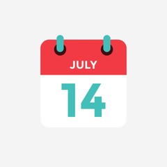 Flat icon calendar 14 of July. Date, day and month. Vector illustration.