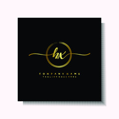 Initial HX Handwriting logo brush circle template is gold color. Handwriting logo minimalist Gold color luxury