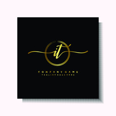 Initial IT Handwriting logo brush circle template is gold color. Handwriting logo minimalist Gold color luxury