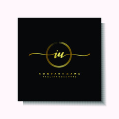 Initial IU Handwriting logo brush circle template is gold color. Handwriting logo minimalist Gold color luxury