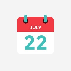 Flat icon calendar 22 of July. Date, day and month. Vector illustration.