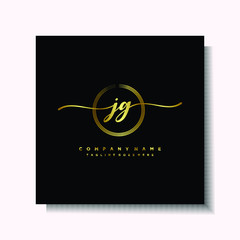 Initial JG Handwriting logo brush circle template is gold color. Handwriting logo minimalist Gold color luxury