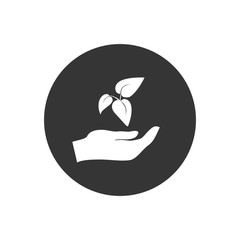 Isolated icon of plant in gray hand on white background. Silhouette of leaf and hand. Symbol of care, protection, charity