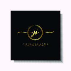 Initial JI Handwriting logo brush circle template is gold color. Handwriting logo minimalist Gold color luxury
