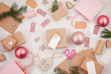 Creative hobby mockup. DIY Christmas handmade greeting cards, decoration. Process of christmas gifts wrapping