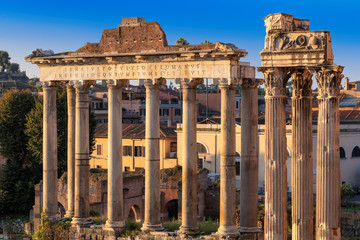 Obraz premium Old ruins of Roman Forum at sunrise in Rome, Italy