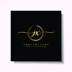 Initial JX Handwriting logo brush circle template is gold color. Handwriting logo minimalist Gold color luxury