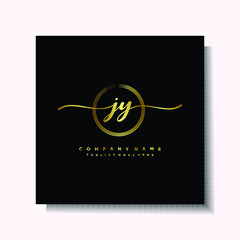 Initial JY Handwriting logo brush circle template is gold color. Handwriting logo minimalist Gold color luxury