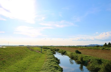 Obraz premium 空 田舎 川 風景 杤木