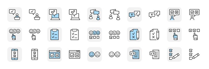 Set of Survey Related Vector Line Icons. Contains such Icons as Smile, Sad, Review, Click, Check, Customer Opinion, Web Survey and more. Editable Stroke. 32x32 Pixel Perfect